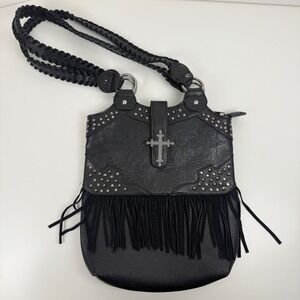 Y2K Goth Western Black Faux Leather Fringe Shoulder Studded Cross Bag Purse